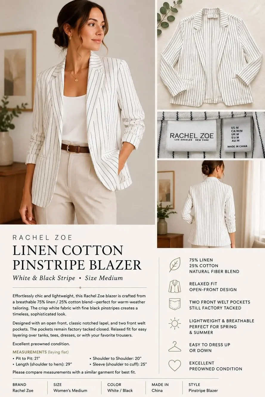 Rachel Zoe Linen Cotton Blazer Sz M White Black Pinstripe Quiet Luxury Coastal